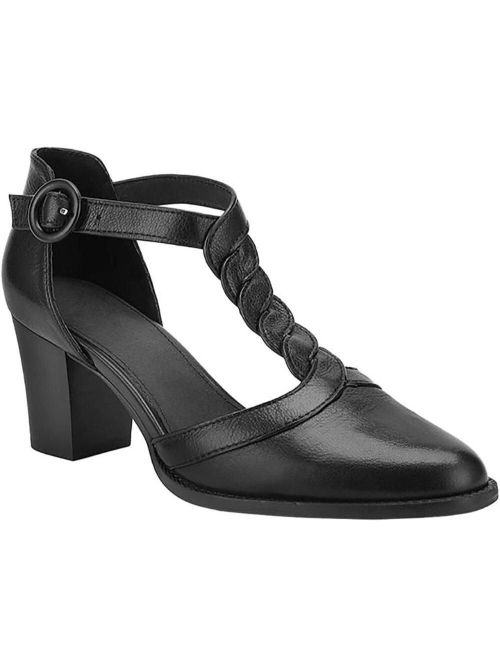 Women's Black Chunky Heels T Strap Pointed Toe Stacked Heeled Sandals Pumps